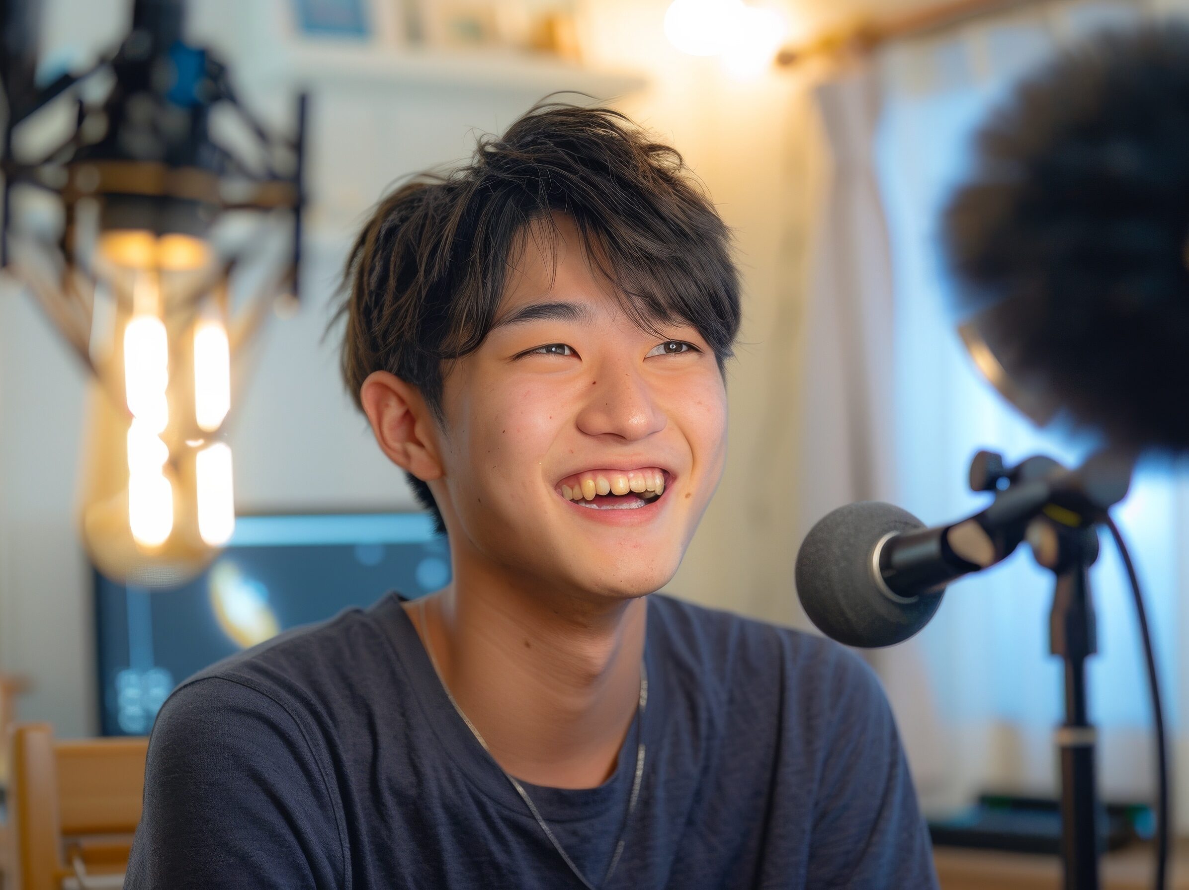 部屋で配信コンテンツの撮影をする日本人男性(ライブ配信・YouTube・クリエイター)